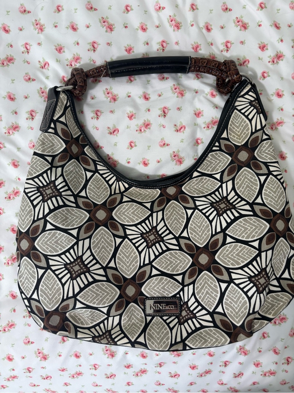 Nine & Co. Brown, Cream and Black Geometric Hobo Shoulder Bag